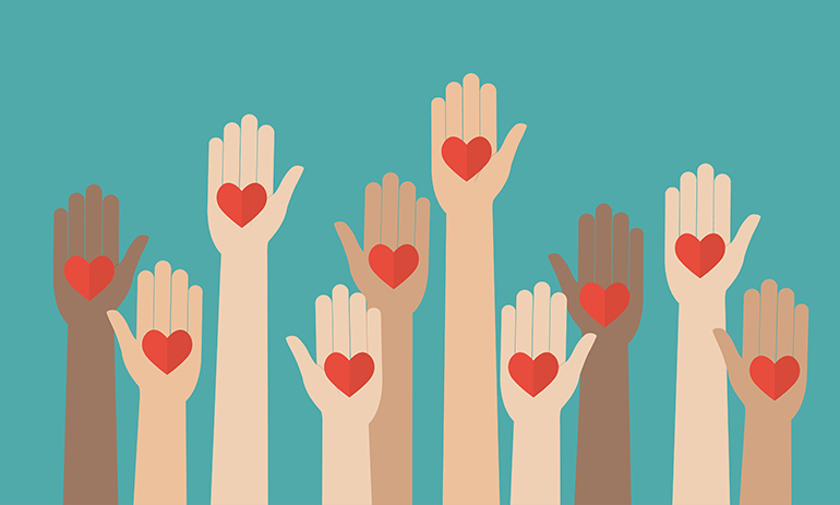 An illustration shows a sea of hands all holding a red heart against a blue wall.