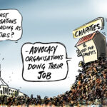 cartoon with voice from parliament house saying "activist organisations masquerading as charities" in reply a voice from a house labelled charities lifted up on a sea of people says " advocacy organisations doing their job"