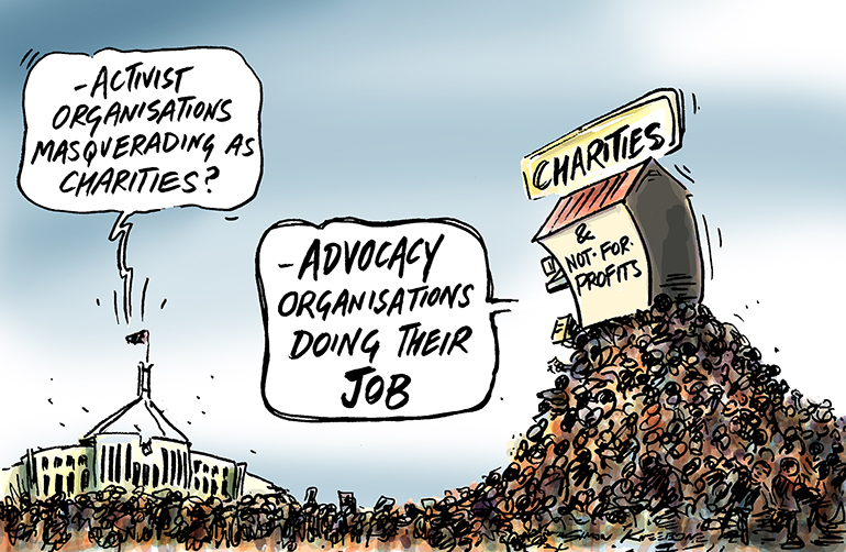 cartoon with voice from parliament house saying "activist organisations masquerading as charities" in reply a voice from a house labelled charities lifted up on a sea of people says " advocacy organisations doing their job"