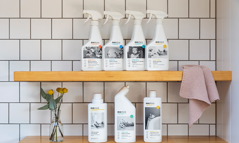 Ecostore products lined up on a bathroom shelf