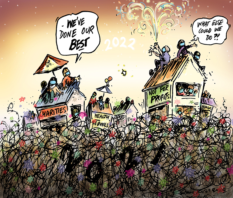 cartoon showing 2021 as a tangled mess with charities and not for profits above with speech bubble saying "we've done out best"