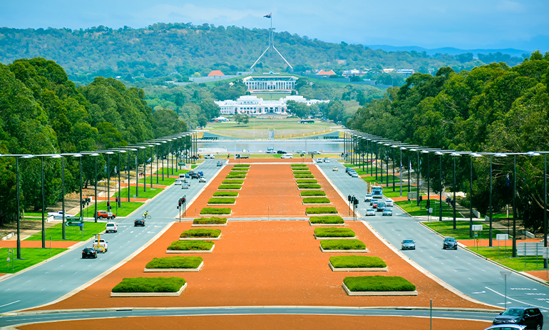 View from Australian War Memorial, looking toward the Australian Parliament Building in the Far Distance, Canberra