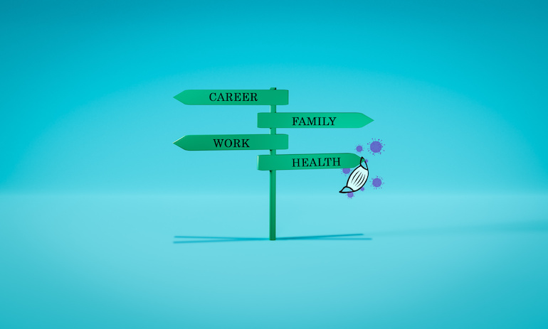 a signpost featuring directions for work, career, family, health.
