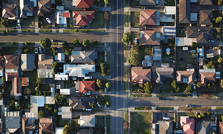 An aerial view of suburban houses