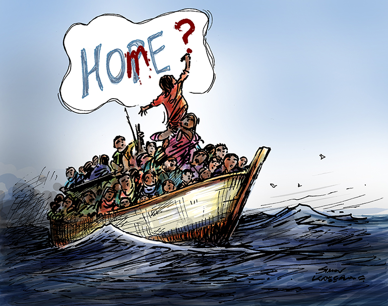 refugees on a boat with a speechbubble, the word hope has been replaced with home?