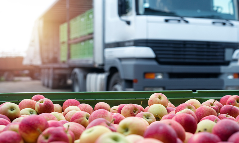 Truck loaded with containers full of apples ready to be shipped.