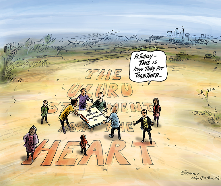 The words Uluru Statement from the Heart on the ground with people holding the Australian constitution over it, and a speech bubble says "actually this is how they fit together".