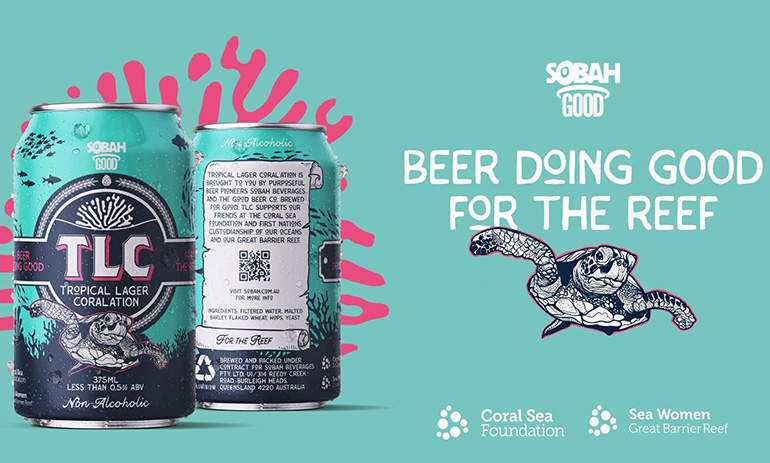 Two beer cans on a teal background. White text says 'beer doing good for the reef' above a black and white image of a turtle
