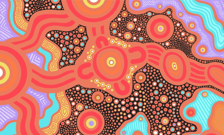 Aboriginal dot painting in orange, purple and light blue