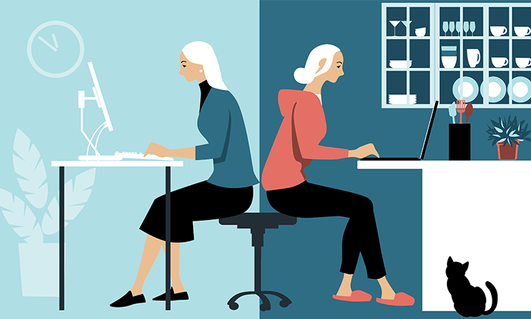 cartoon woman working from the office and at home