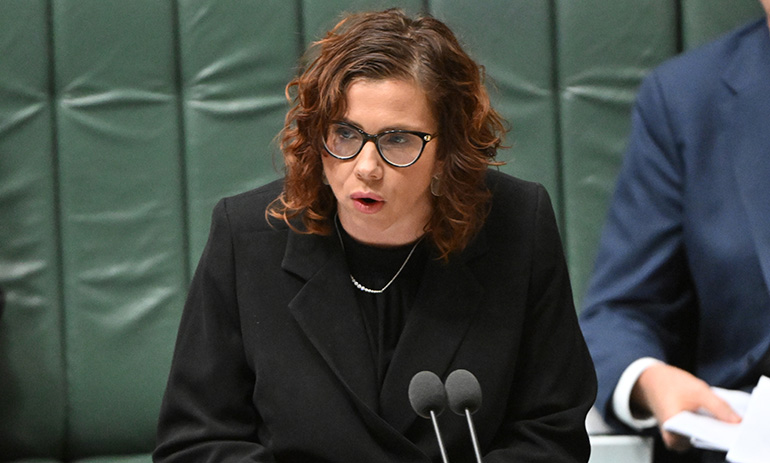 Social services minister Amanda Rishworth in Parliament. She is wearing a black suit and has brown curly hair, and is speaking into a microphone in the House of Representatives.