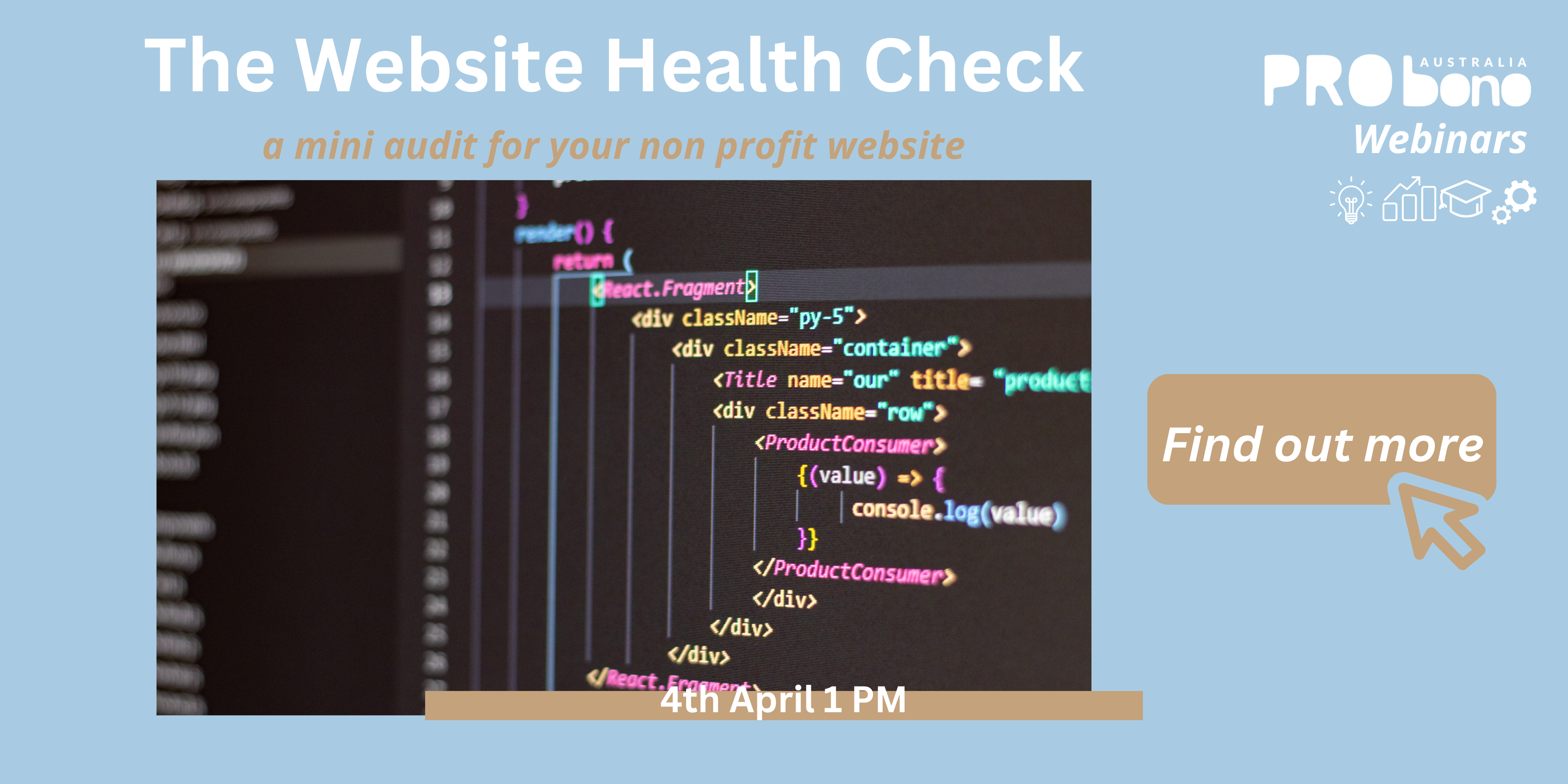 The Website Health Check - a mini audit for your non profit website. 4th April 1 PM. Find out more.