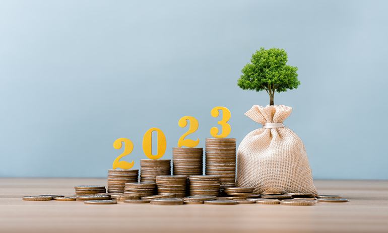 2023 numbers climbing up a hill of coins leading to a green tree growing from a bag of money.