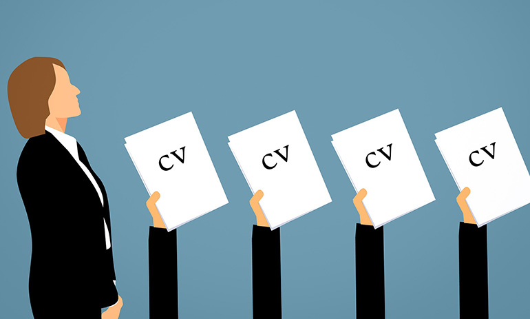 A cartoon style image showing a woman in a black suit looking down at outstretched arms holding papers that say CV