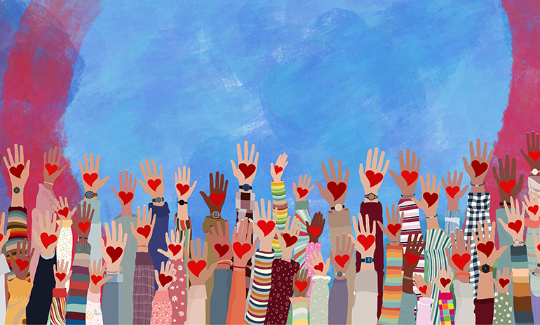Range of diverse cartoon hands with red hearts on them.