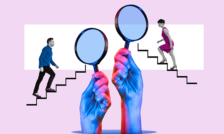 Two hands holding magnifying glasses at a man and a woman climbing a set of stairs.