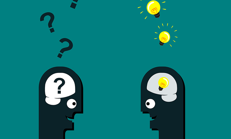 A graphic image of two heads, depicted in black, talking to each other. The head on the left has a question mark where its brain should be and question marks coming out of its head, and the other has lightbulbs instead. They are on a teal background.