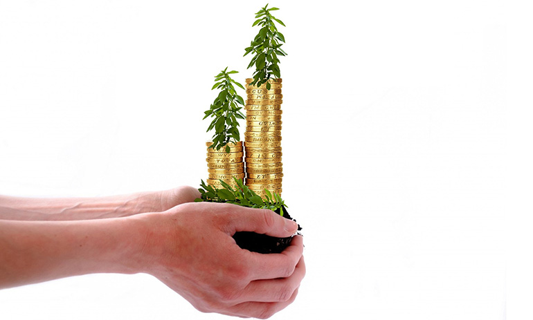 A pair of hands holding two stacks of coins. Small plants are growing out of the coin stacks.