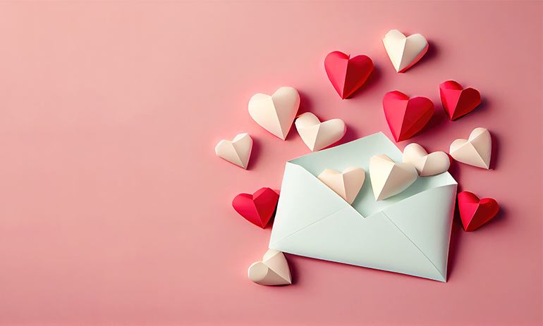 Paper envelope with small paper hearts spilling out of it.